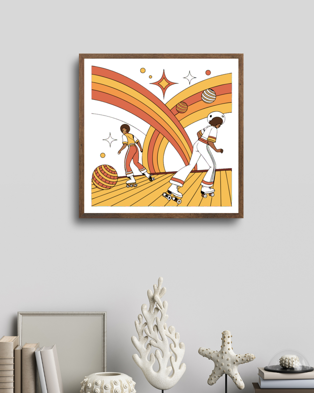Illustration rétro de patineurs en style disco années 70 sur cadre.