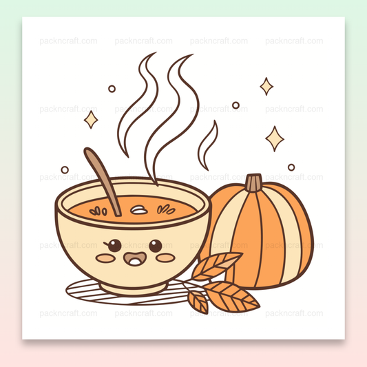 Illustration kawaii de soupe et citrouille pour décoration automnale.