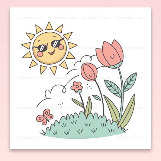 Illustration kawaii de soleil joyeux avec fleurs, pour projets créatifs printaniers.