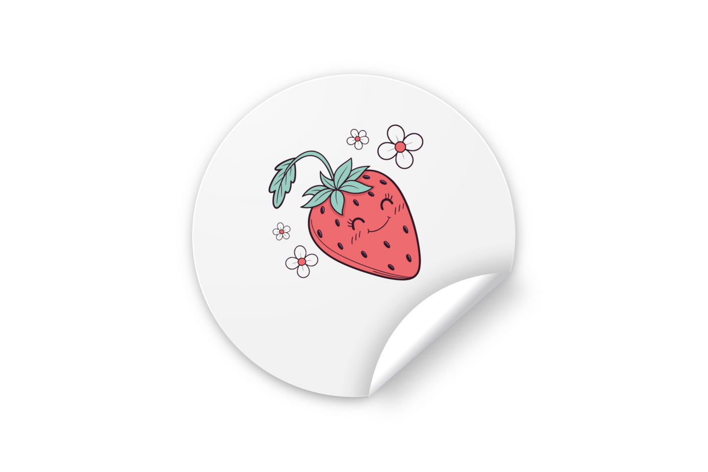 Sticker avec une fraise souriante style doodle sur fond de jardin fleuri