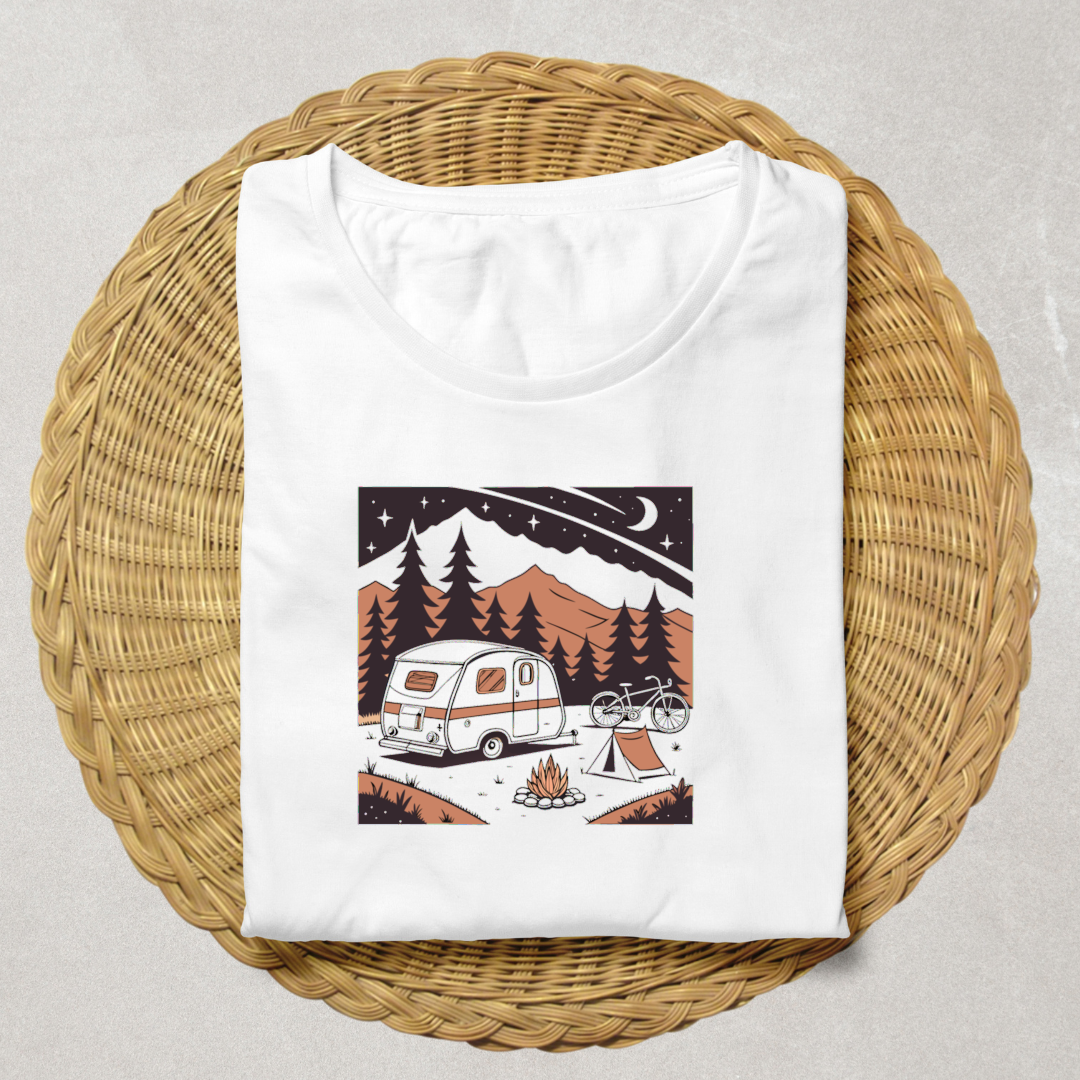 T-shirt avec illustration caravane pour les passionnés de nature et aventures.