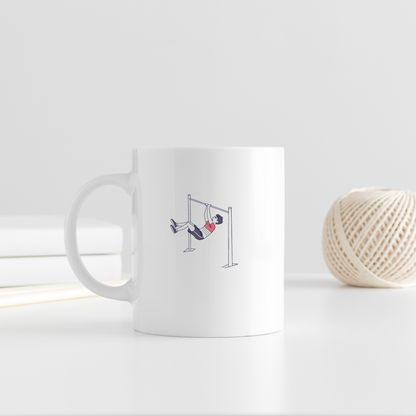 Mug avec dessin d'un garçon énergique sur une barre fixe en style dynamique