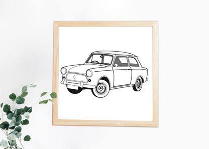 Illustration Trabant 601 dans un cadre pour décoration murale.