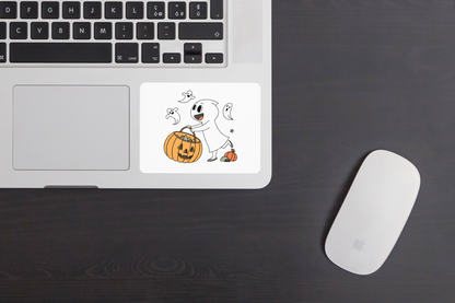 Sticker festif Halloween avec fantôme joyeux et citrouille, style doodle amusant