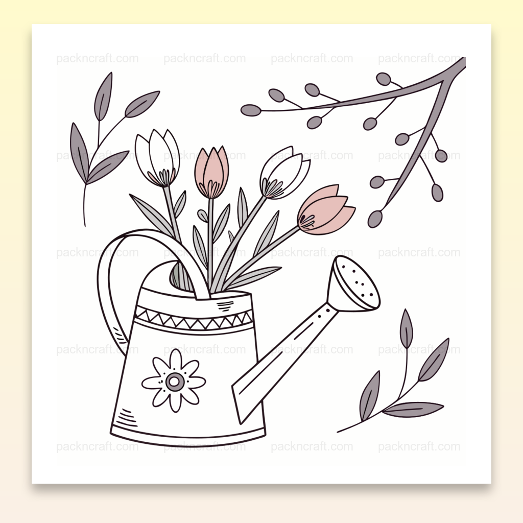 Illustration d'arrosoir fleuri stylisé, idéal pour printemps, déco et DIY