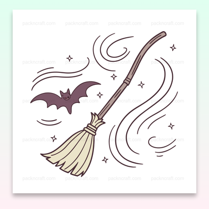 Illustration festive de chauve-souris avec balai en style flat pour Halloween.
