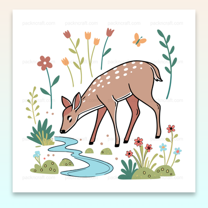 Illustration vectorielle d'un faon curieux buvant en style pastel pour usage décoratif.
