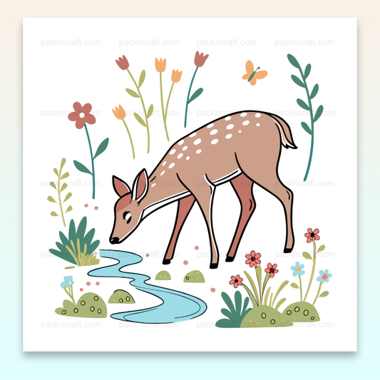 Illustration vectorielle d'un faon curieux buvant en style pastel pour usage décoratif.