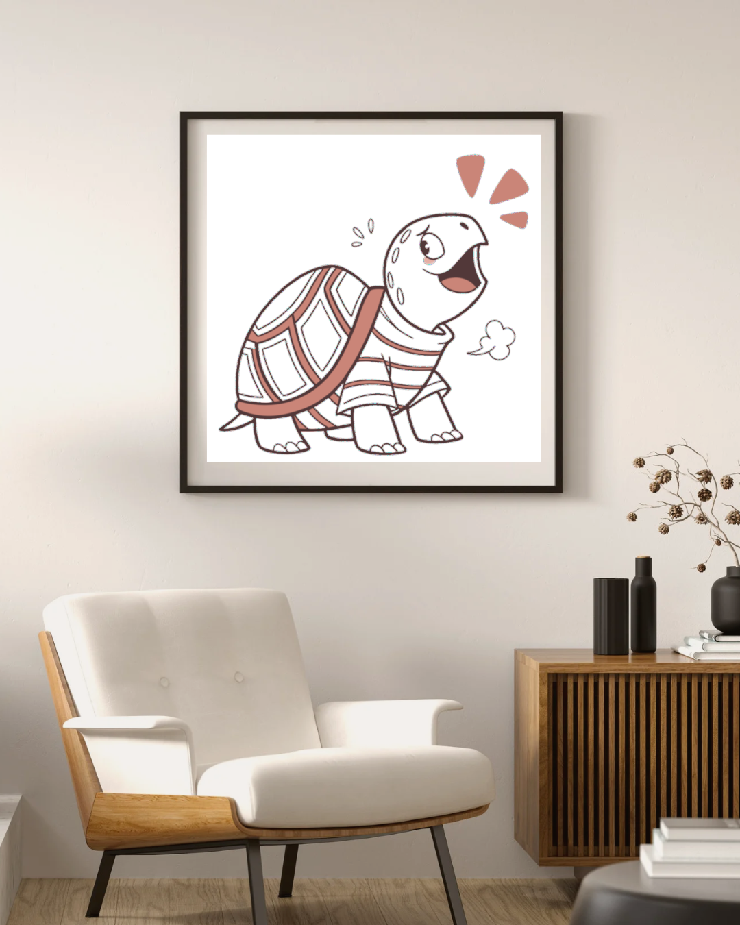 Cadre avec une tortue joyeuse en style doodle pour une déco enfantine charmante