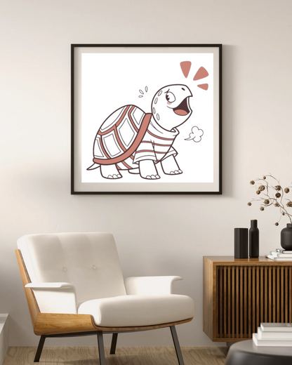 Cadre avec une tortue joyeuse en style doodle pour une déco enfantine charmante