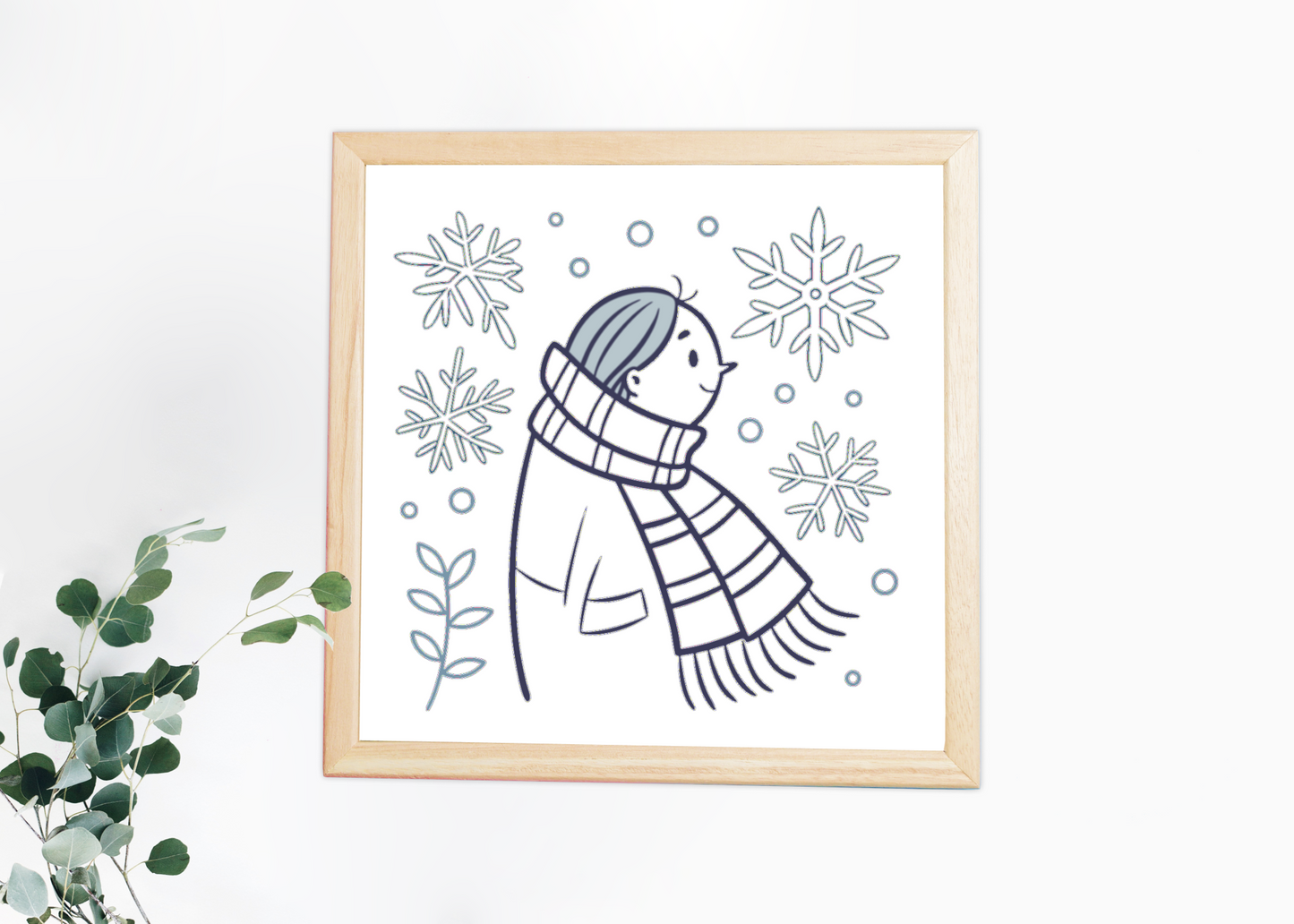 Cadre décoratif style doodle avec un personnage en hiver motif hivernal vibrant