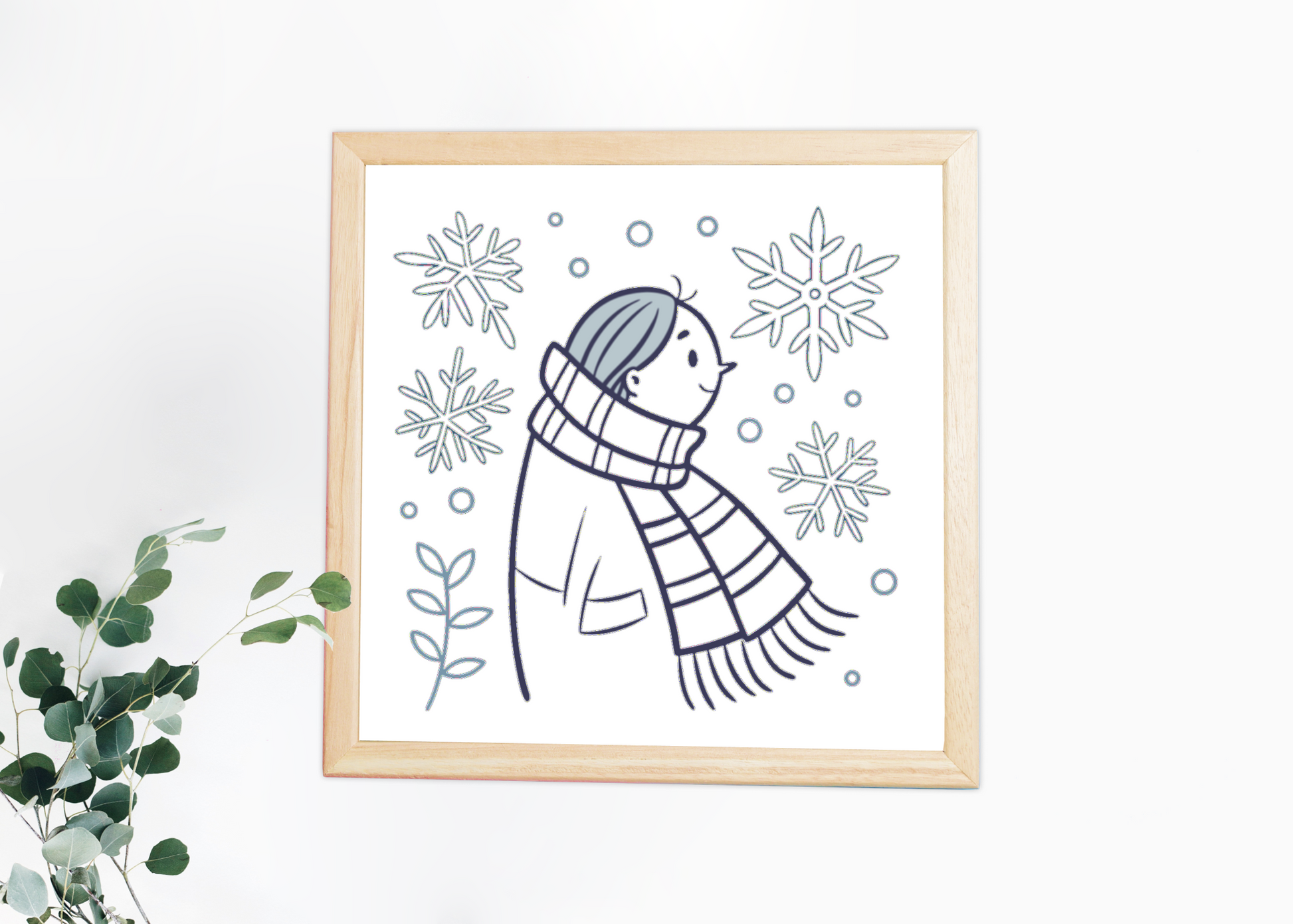 Cadre décoratif style doodle avec un personnage en hiver motif hivernal vibrant