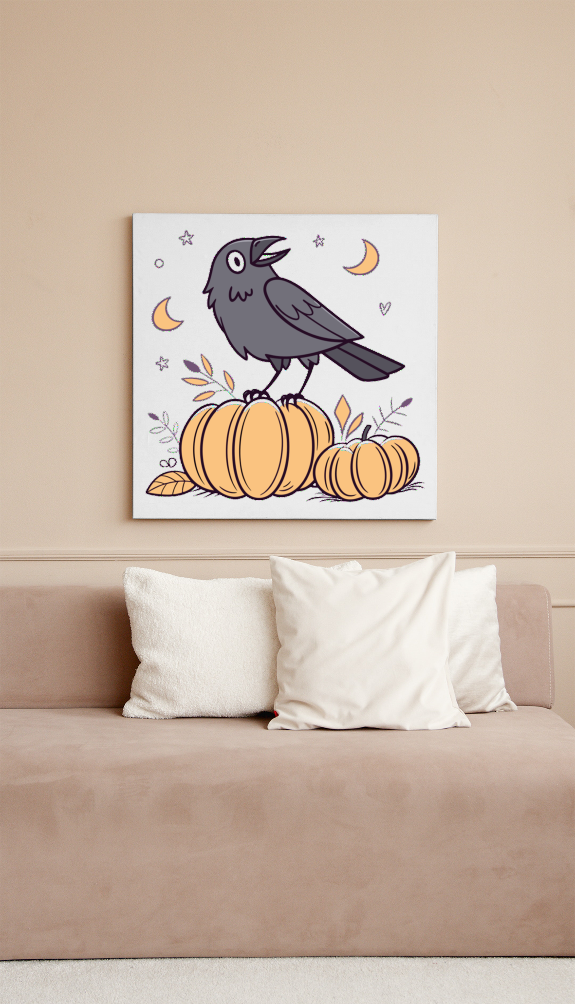 Cadre décoratif avec un corbeau chantant sur une citrouille thème Halloween