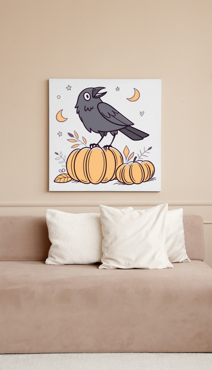 Cadre décoratif avec un corbeau chantant sur une citrouille thème Halloween