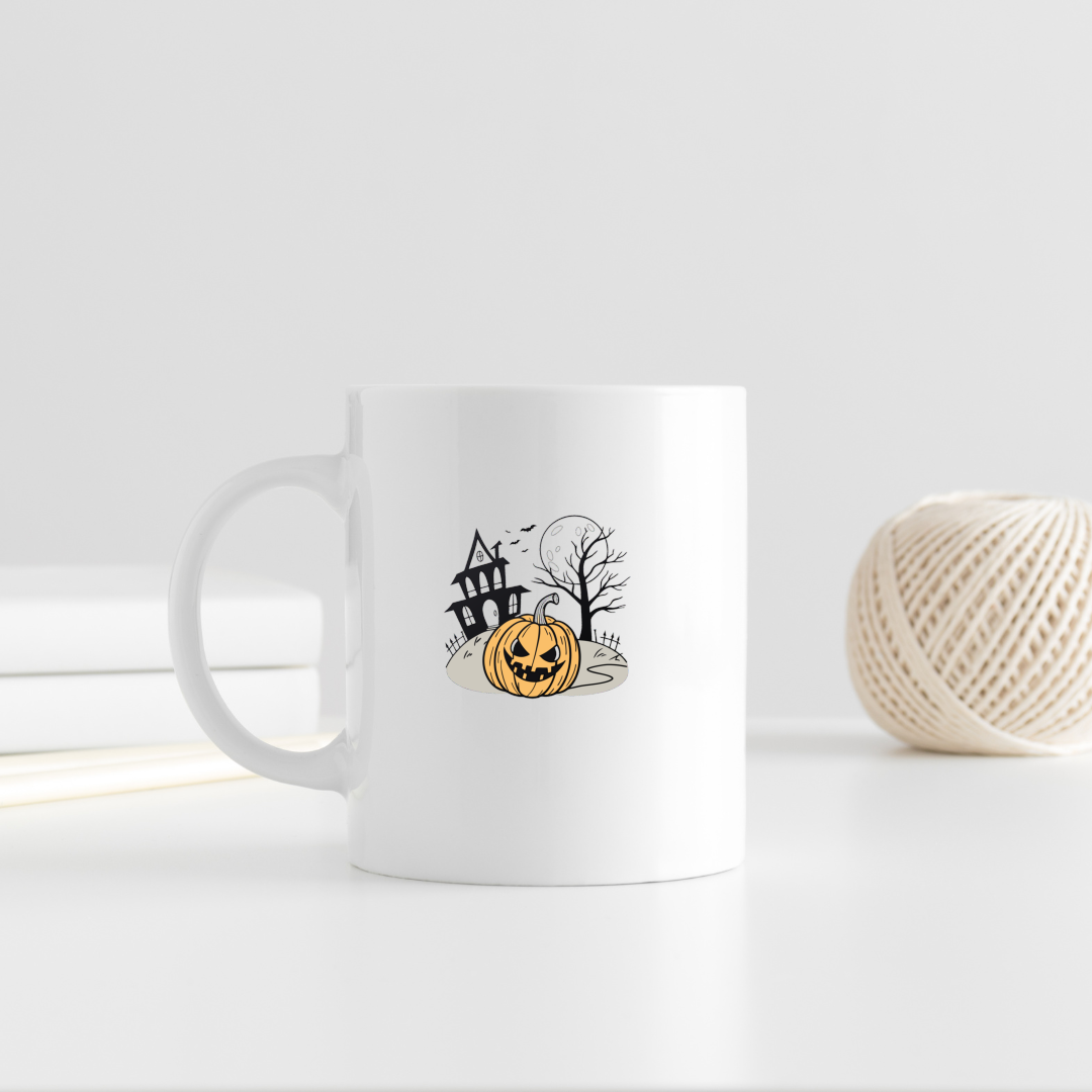 Mug avec citrouille sinistre et manoir en style Halloween en toile de fond