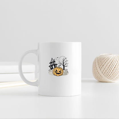 Mug avec citrouille sinistre et manoir en style Halloween en toile de fond