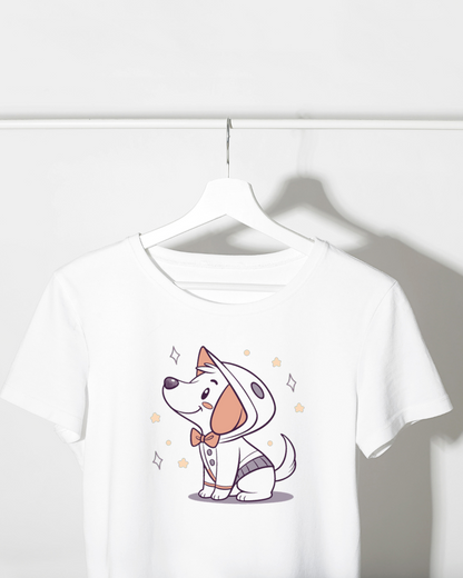 T-shirt avec un chien en exploration spatiale style cartoon joyeux et fascinant