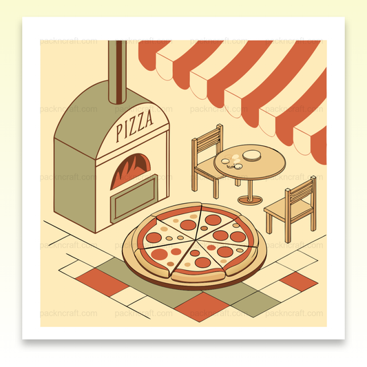 Visuel rétro de pizzeria avec four à pizza pour déco et projets DIY.