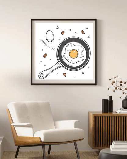 Cadre au design minimaliste avec un œuf au plat stylisé en noir et blanc