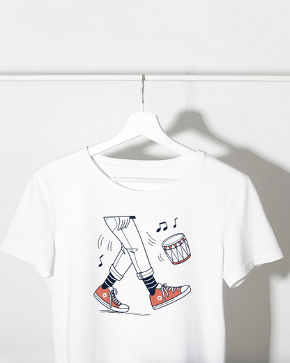 T-shirt blanc orné d'une icône de tambour rythmique pour les amateurs de musique