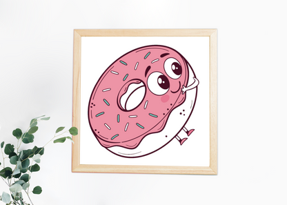Cadre gourmand contenant une icône de donut souriant stylisé et joyeux