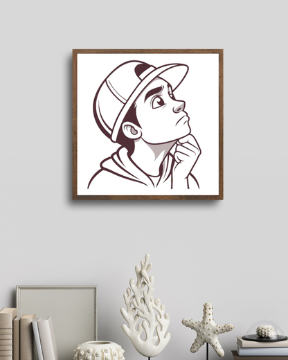 Cadre moderne avec icône numérique garçon pensif dans un style vectoriel introspectif