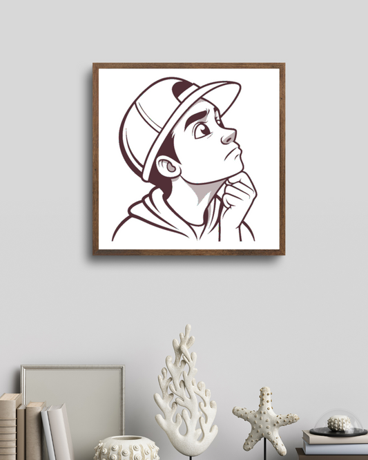 Cadre moderne avec icône numérique garçon pensif dans un style vectoriel introspectif