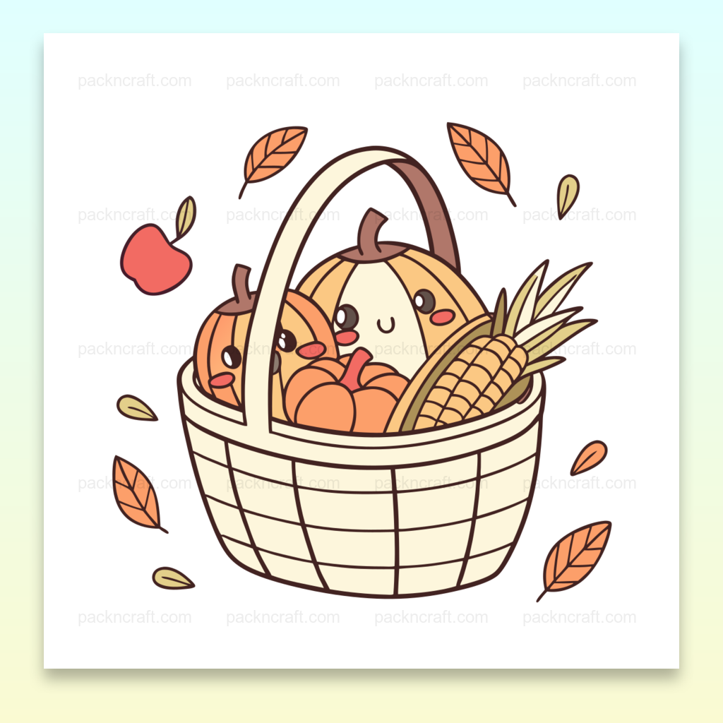 Illustration kawaii d'un panier d'automne contenant des récoltes joyeuses. Idéale pour projets DIY et décoration.