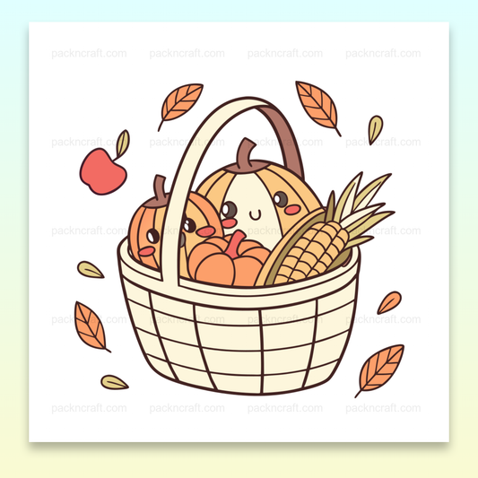 Illustration kawaii d'un panier d'automne contenant des récoltes joyeuses. Idéale pour projets DIY et décoration.