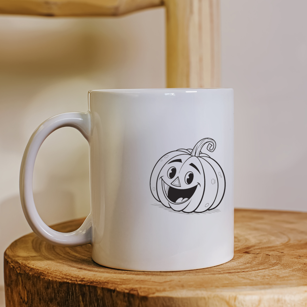 Mug festif avec citrouille rieuse cartoon sur fond orange Halloween amusant