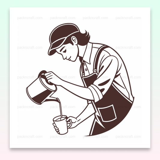Illustration vintage d'un barista versant un latte, idéale pour stickers, Barista vintage avec un mug de latte, illustration pour papeterie, Sticker d'un barista vintage, parfait pour projets créatifs, Illustration encadrée d'un barista vintage versant un latte, Design de t-shirt avec barista vintage, pour amateurs de café