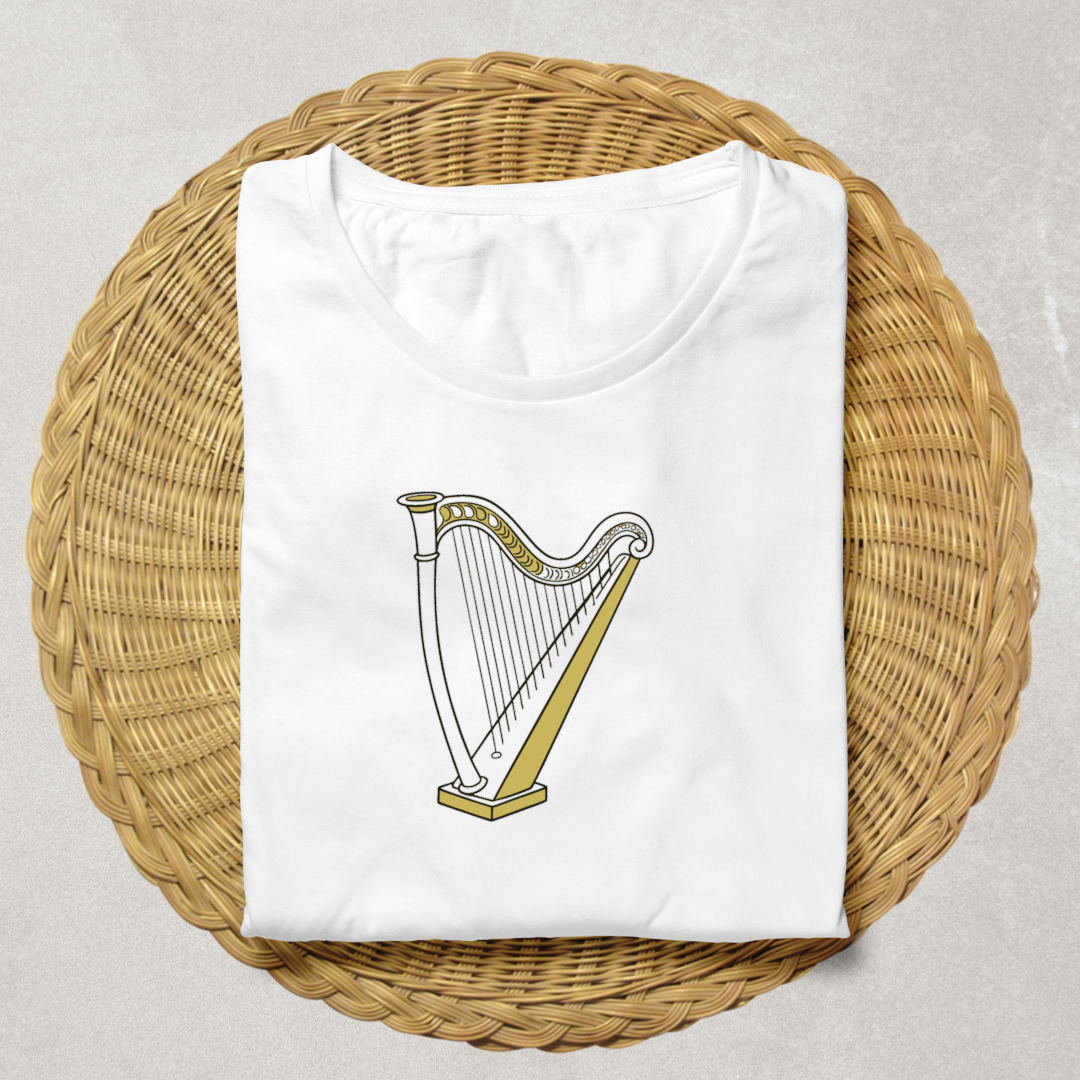 T-shirt avec motif harpiste stylisé en vectoriel, ambiance musique et évasion