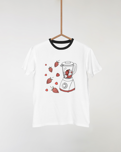 T-shirt minimaliste avec icône de fraise et blender pour cuisine créative