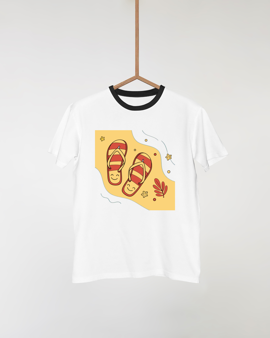 T-shirt vibrant avec tongs souriantes sur plage en style graphique estival