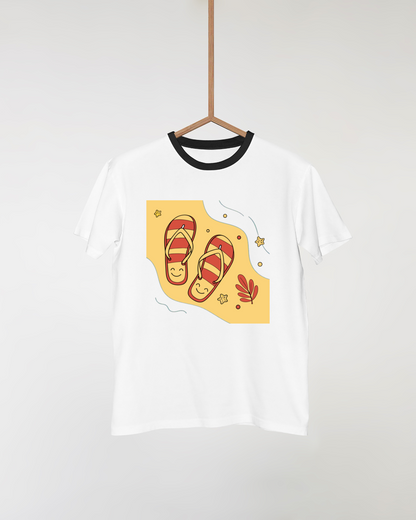T-shirt vibrant avec tongs souriantes sur plage en style graphique estival