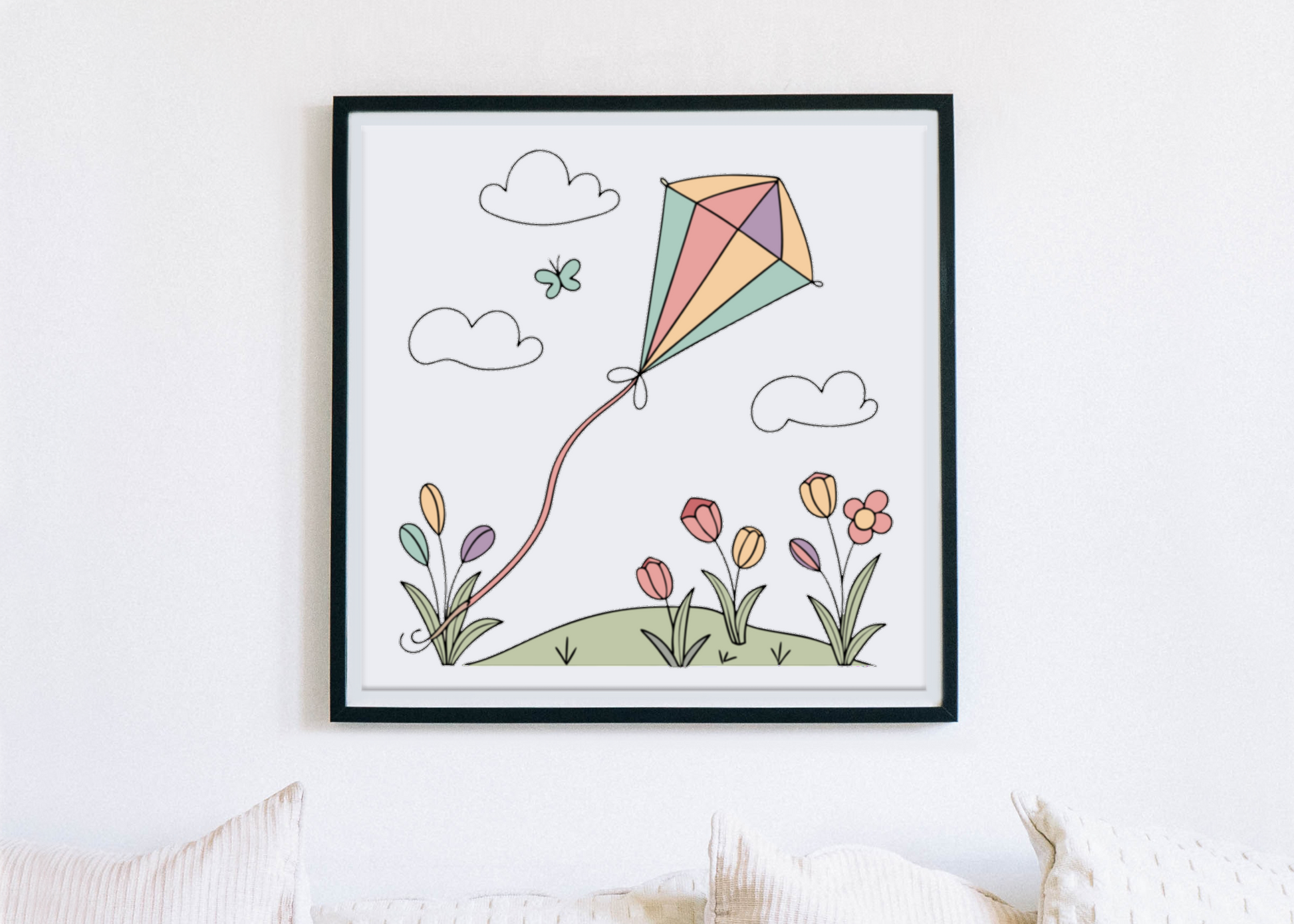 Cadre avec icône numérique décorative d'un cerf-volant pastel thème nature