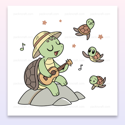 Illustration vectorielle de tortue jouant de la guitare entourée de petites tortues. Idéal pour DIY, papeterie.