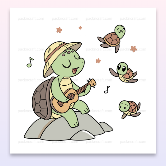 Illustration vectorielle de tortue jouant de la guitare entourée de petites tortues. Idéal pour DIY, papeterie.
