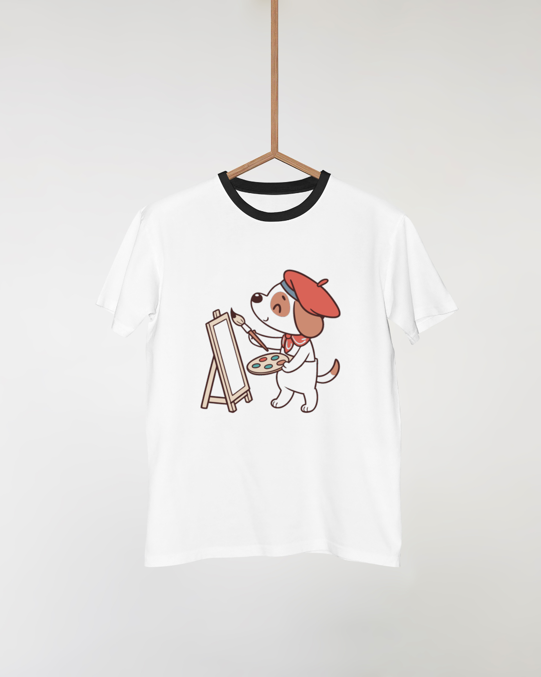 T-shirt avec un chien artiste kawaii et joyeux, art original et coloré