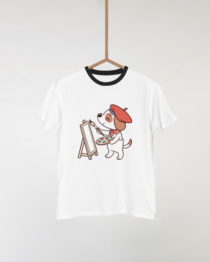 T-shirt avec un chien artiste kawaii et joyeux, art original et coloré