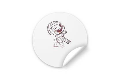 Sticker festif avec momie cartoon sur fond coloré pour Halloween amusant