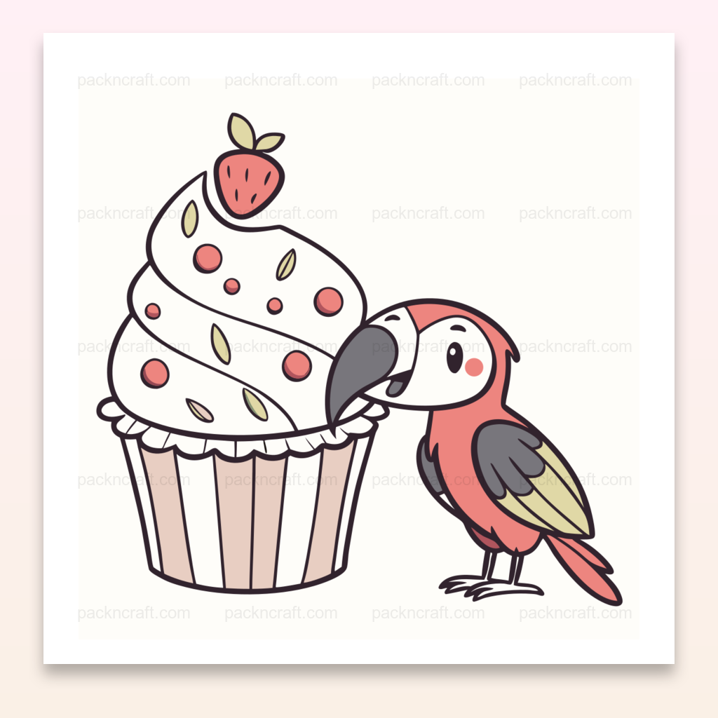 Illustration perroquet gourmand avec cupcake en style pastel SVG pour projets créatifs.