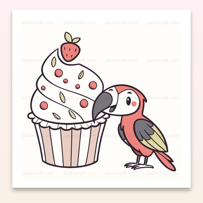 Illustration perroquet gourmand avec cupcake en style pastel SVG pour projets créatifs.