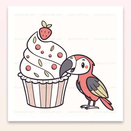 Illustration perroquet gourmand avec cupcake en style pastel SVG pour projets créatifs.