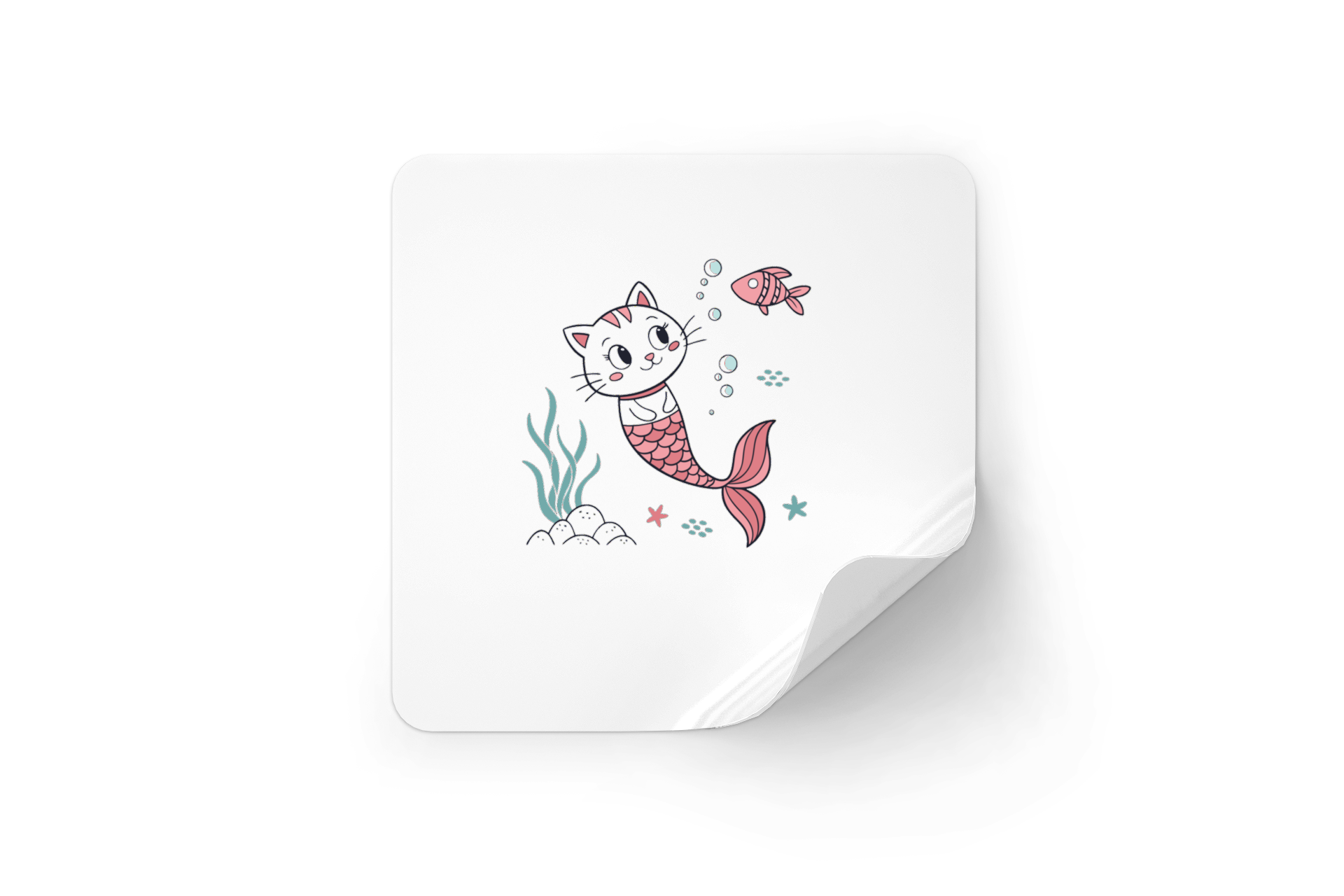 Sticker kawaii avec chat sirène jouant avec un poisson dans un océan magique