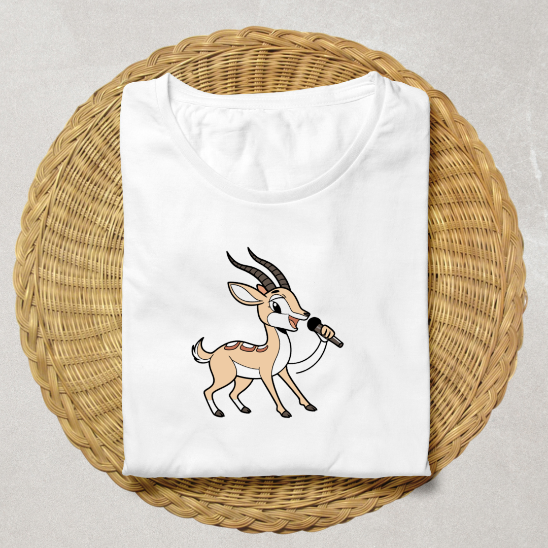 T-shirt avec une gazelle souriante cartoon qui chante sur fond musical amusant
