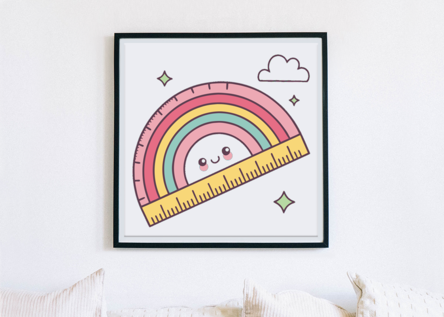 Cadre décoratif pastel avec un arc-en-ciel rieur et une règle dérouleter joyeusement