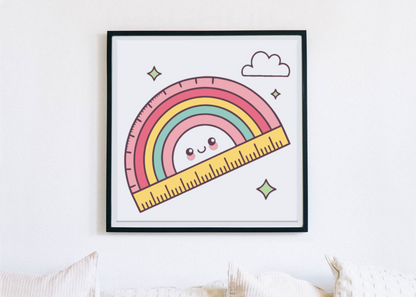 Cadre décoratif pastel avec un arc-en-ciel rieur et une règle dérouleter joyeusement