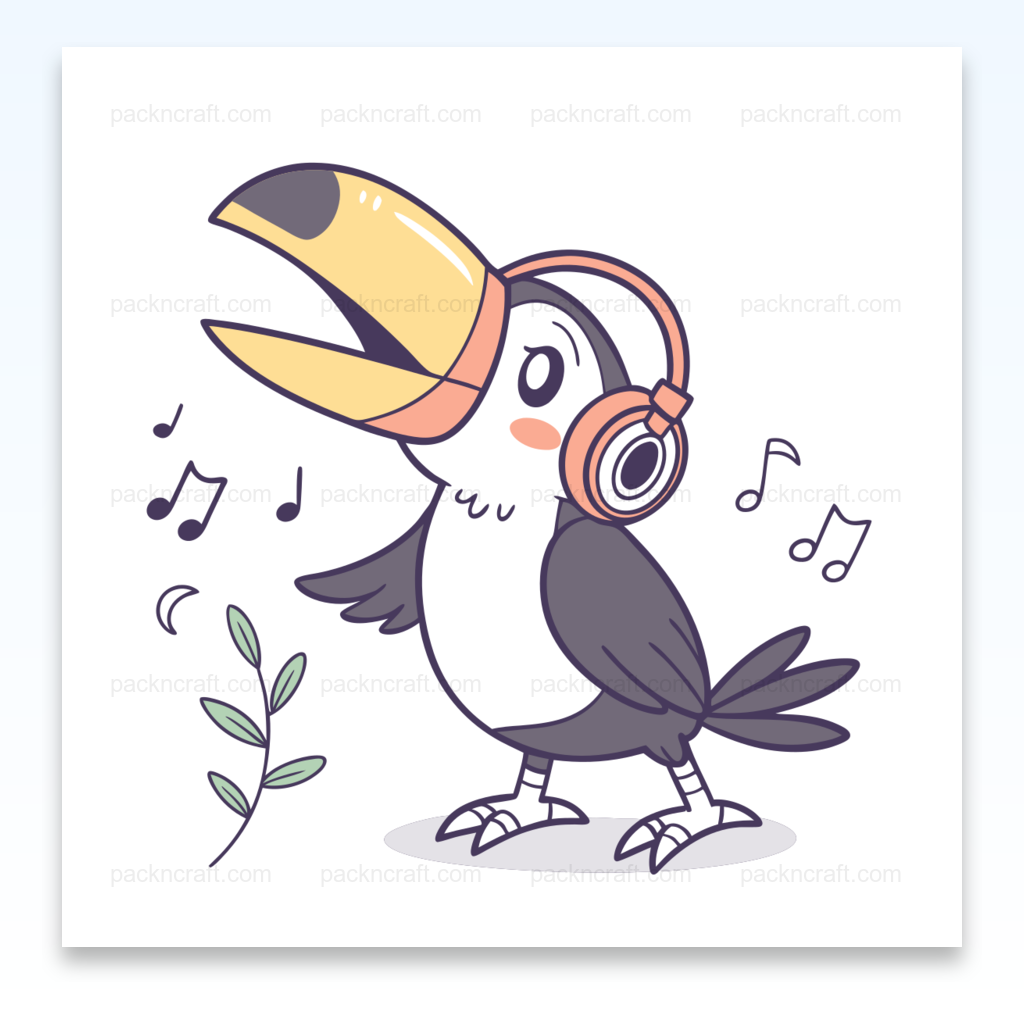 Illustration de toucan mélomane avec écouteurs, idéale pour DIY et papeterie