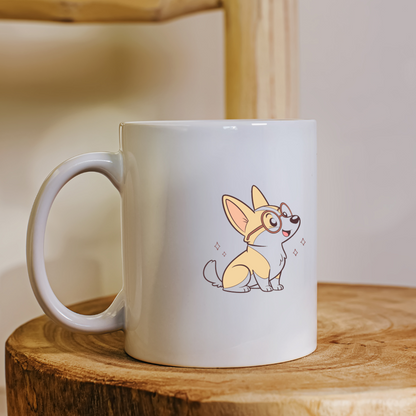 Mug amusant avec corgi joyeux en lunettes style vectoriel enfantin